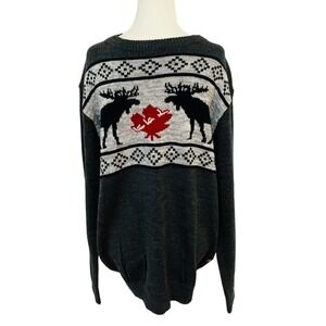 Moose Sweater Canada Maple Leaf Knit‎ Pullover Fair Isle Pattern Size L